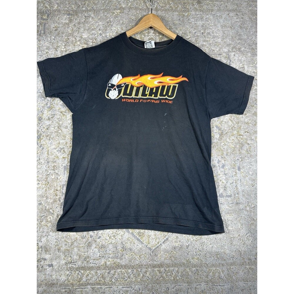 Vtg Outlaw USA Flaming Logo T Shirt Large Y2K Streetwear World F@#%!ng Wide